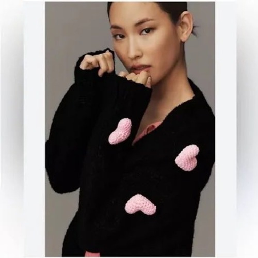 Maeve by Anthropologie Black Heart Cardigan Sweater Pink 3D Crochet One Size